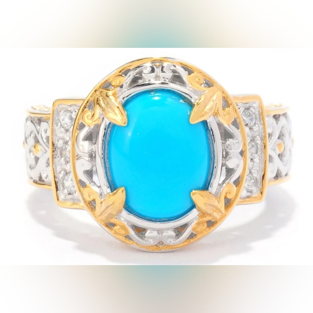 Genuine Sleeping Beauty Turquoise Ring in Palladium Sterling Silver & 18k Gold!